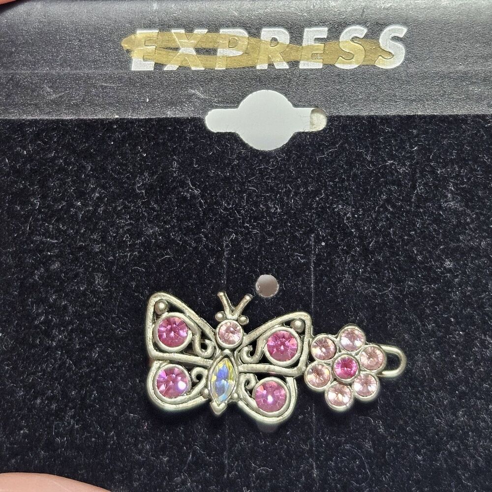 Express Silver Tone Pink Rhinestone Butterfly Flower Hair Clip